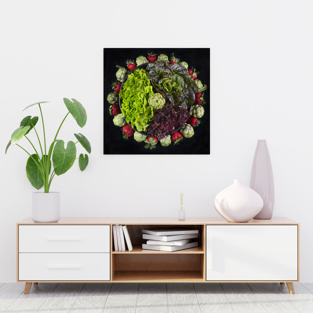Mandala Fine Art Metal Print, Strawberries, Lettuce and Artichoke